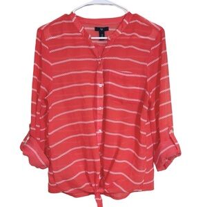 GAP Woman’s Sheer Dark Coral Button Down Blouse w/ Rope Pattern & Waist Tie